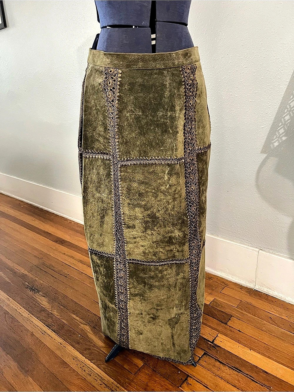 1990s olive green suede patchwork maxi skirt by SMH with Embellished Trim size